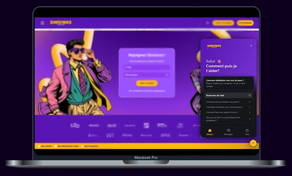 Fenêtre de support Simsinos Casino avec assistant virtuel, barre de recherche et réponses aux questions fréquentes
