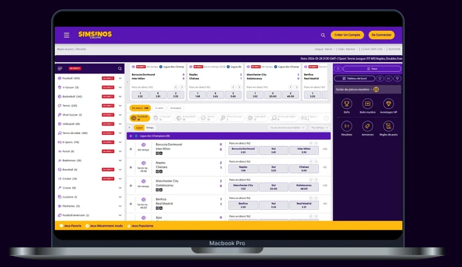 Interface des paris sportifs de Simsinos Casino sur ordinateur avec les matchs de football, les cotes et les marchés de paris en direct