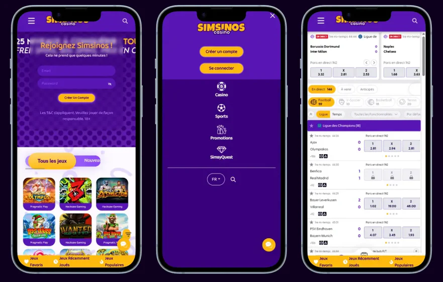 Interface mobile de Simsinos Casino avec formulaire d'inscription, accès aux jeux et menu des paris sportifs