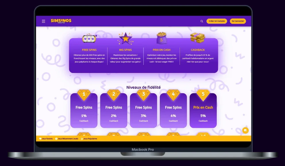 Programme de fidélité SimsyQuest de Simsinos Casino présentant les récompenses, les free spins, le cashback et les cinq premiers niveaux VIP